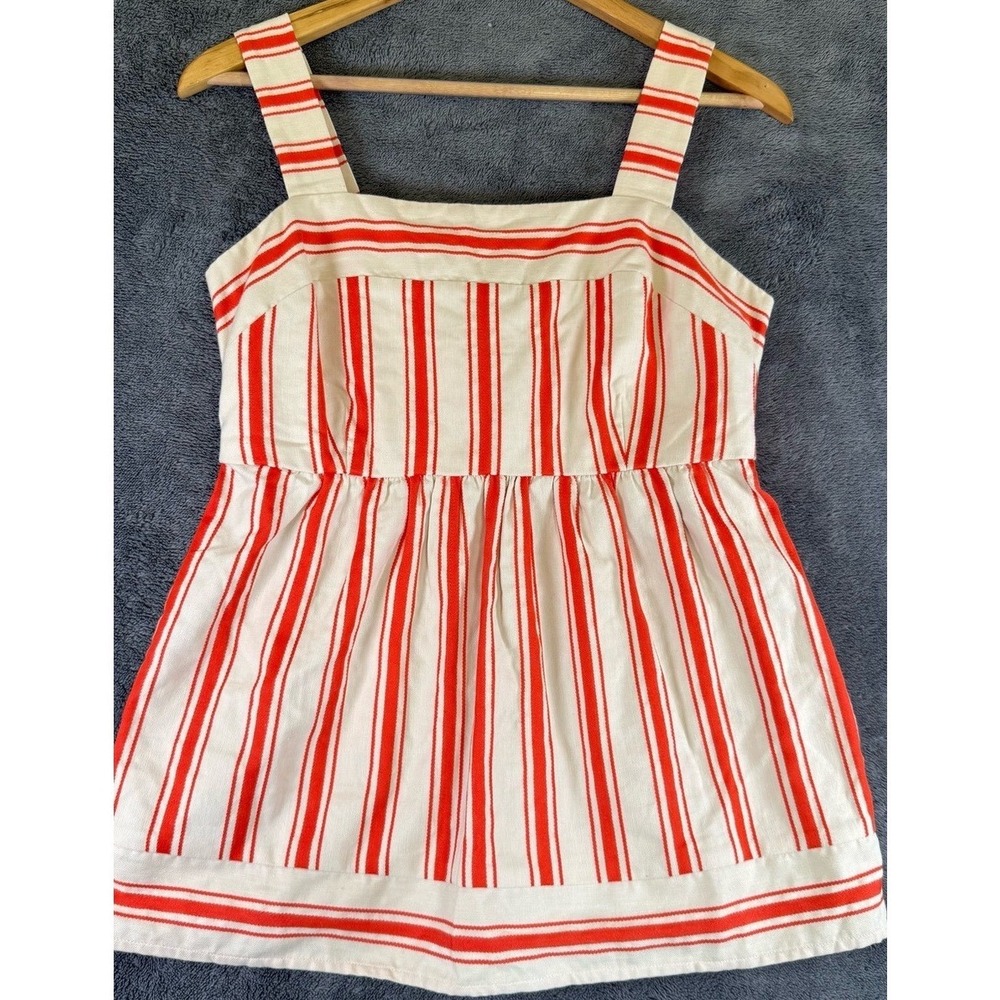 Cabi Red White Striped Cotton Linen Smocked Peplum Top 6102‎ Womens Small